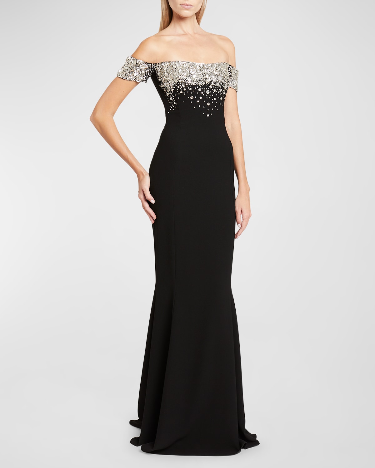 Degrade Crystal Embroidered Off-The-Shoulder Mermaid Gown