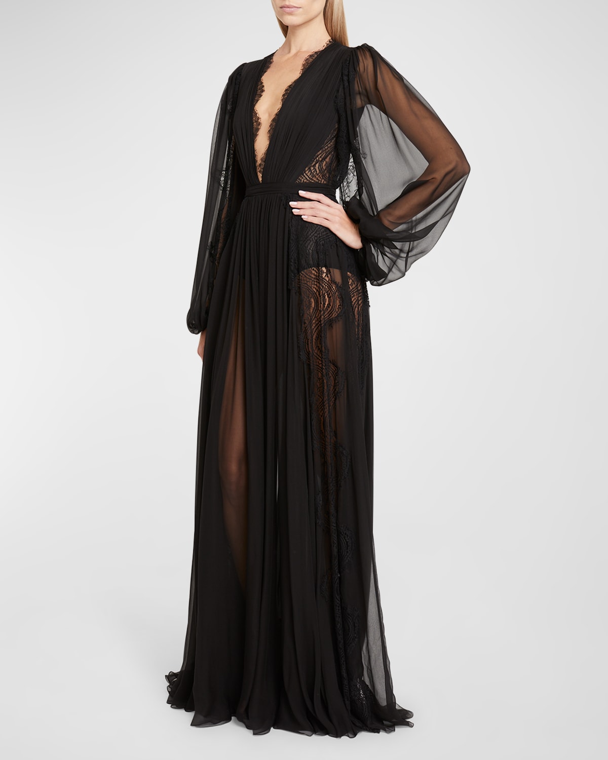 Zuhair Murad Plunging Long-sleeve Lace Pleated Chiffon Gown In Black ...