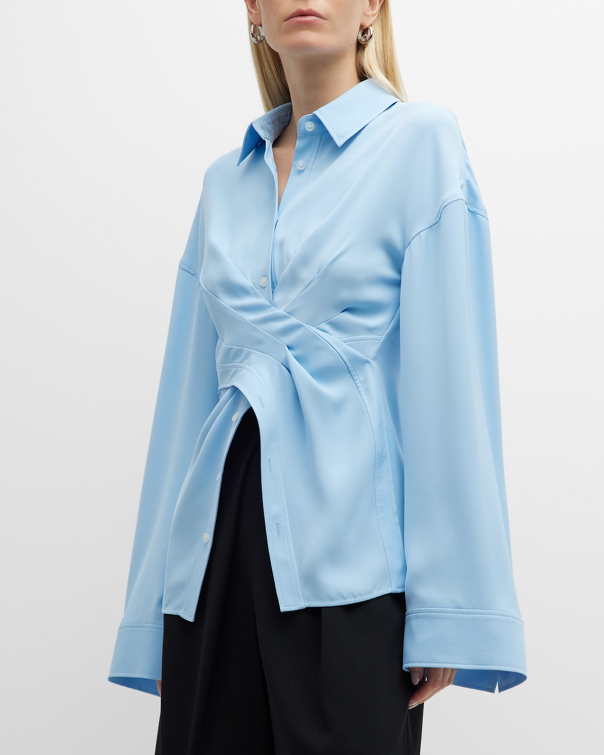 Adeam Lewitt Pleated Crossover Collared Shirt In Ash Blue