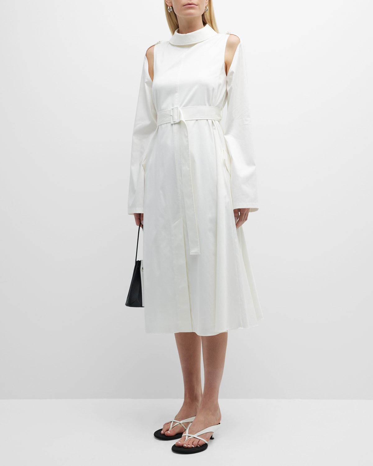 Adeam Abstract Cold-shoulder Belted Midi Shirtdress In White