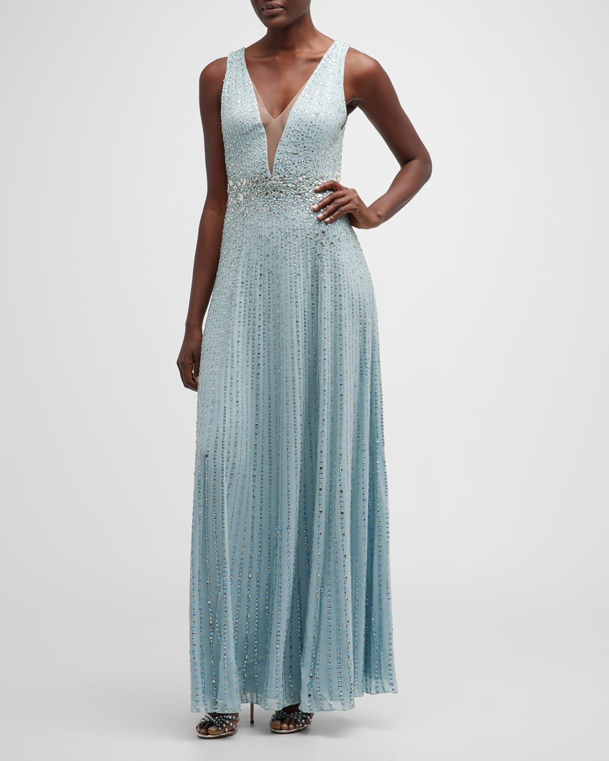 jenny packham pale blue dress Jenny Packham Margoni Bell-sleeve Embellished Midi Dress main image 0