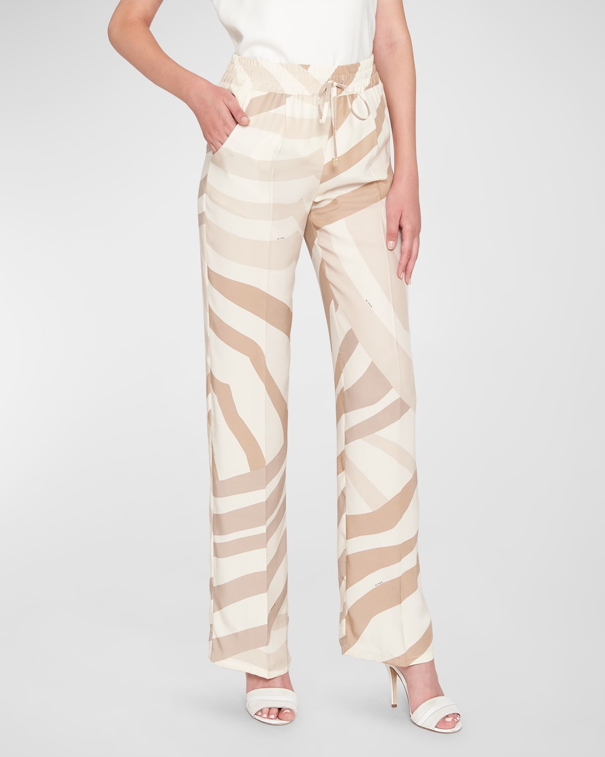 Kiton Abstract-print Drawstring Silk Wide-leg Pants In Lt Brwn Mult