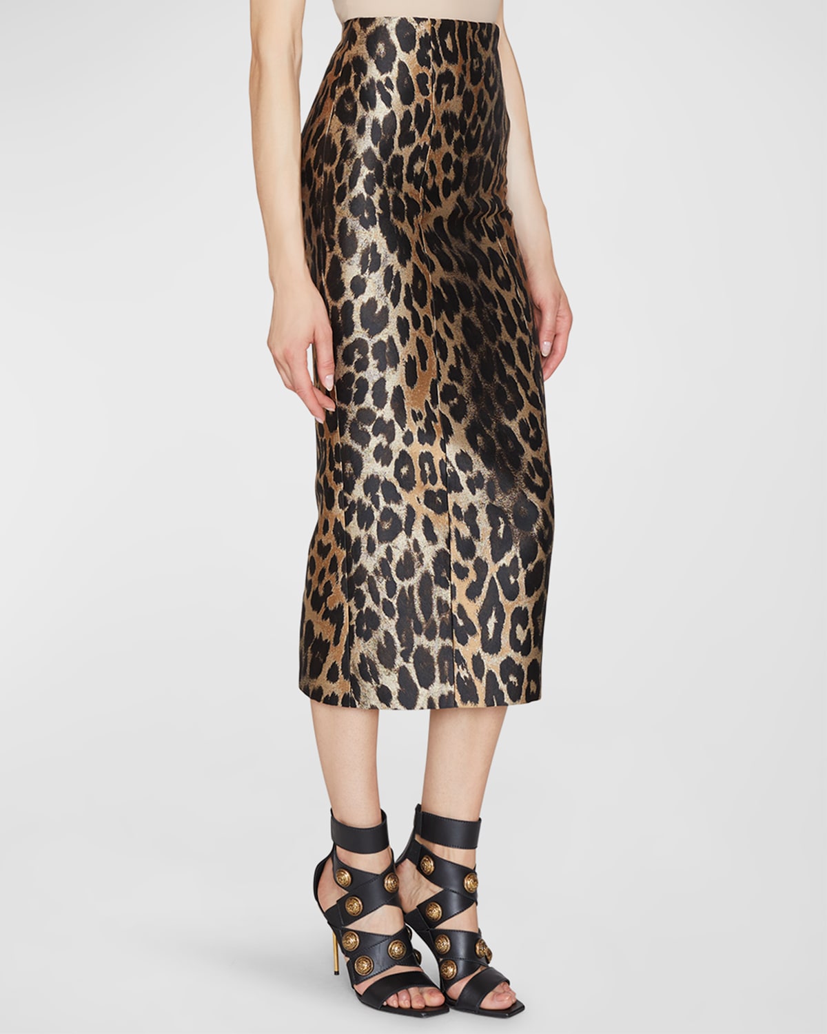 Balmain Leopard Jacquard Midi Pencil Skirt In Cranberry