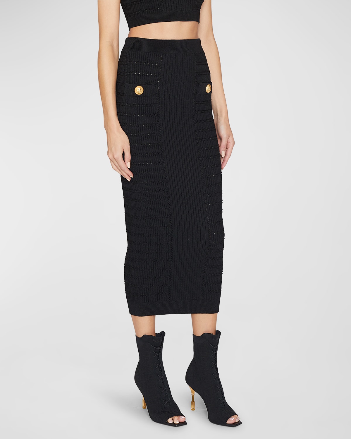 Balmain Black Plain Ribbed Knit Midi Skirt In Black