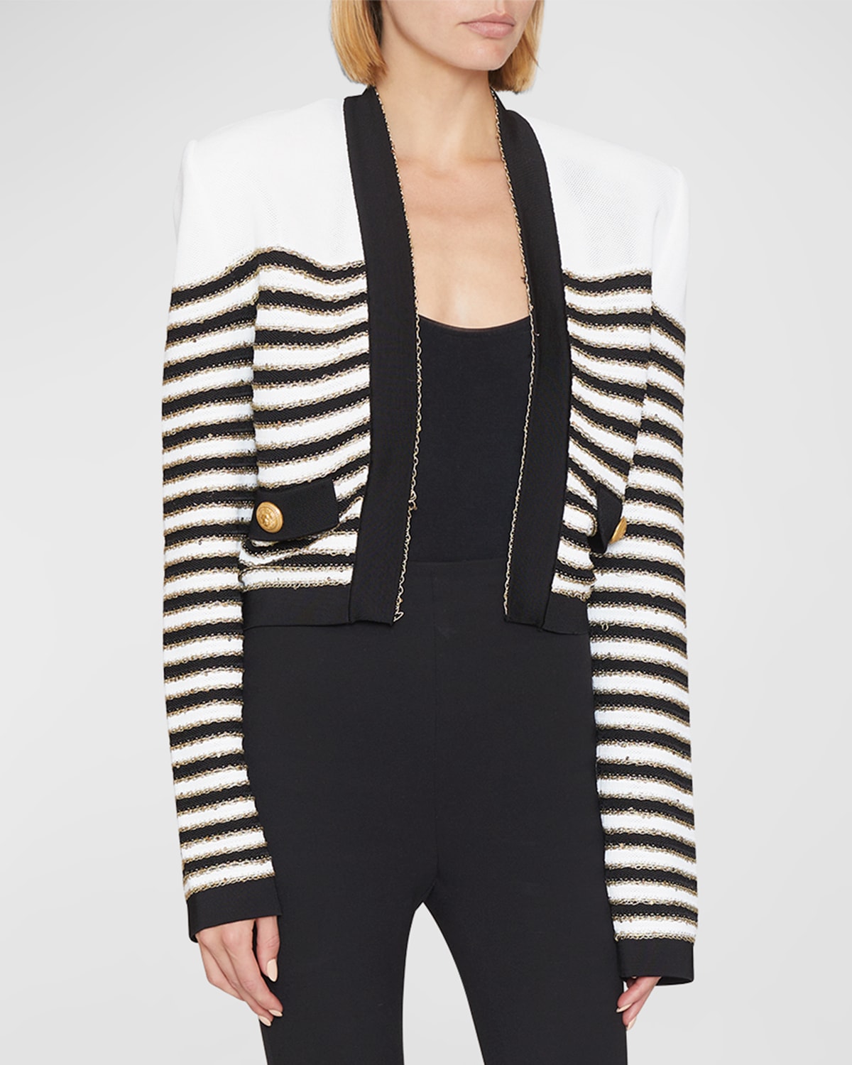 Balmain Striped Viscose Knit Open Jacket In Whtblkgd