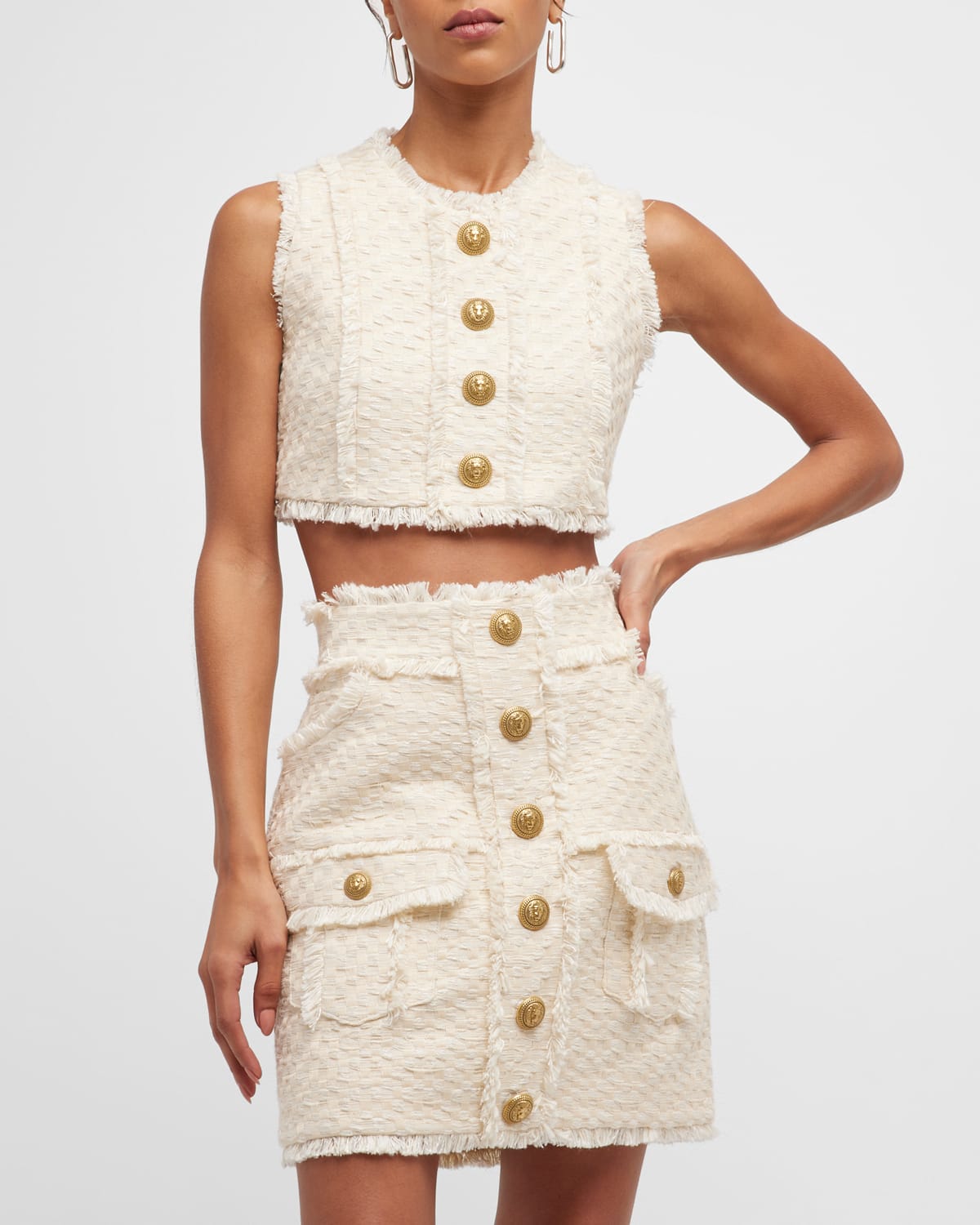 Balmain Cropped Button-embellished Frayed Cotton-blend Tweed Top In Blanc Cass