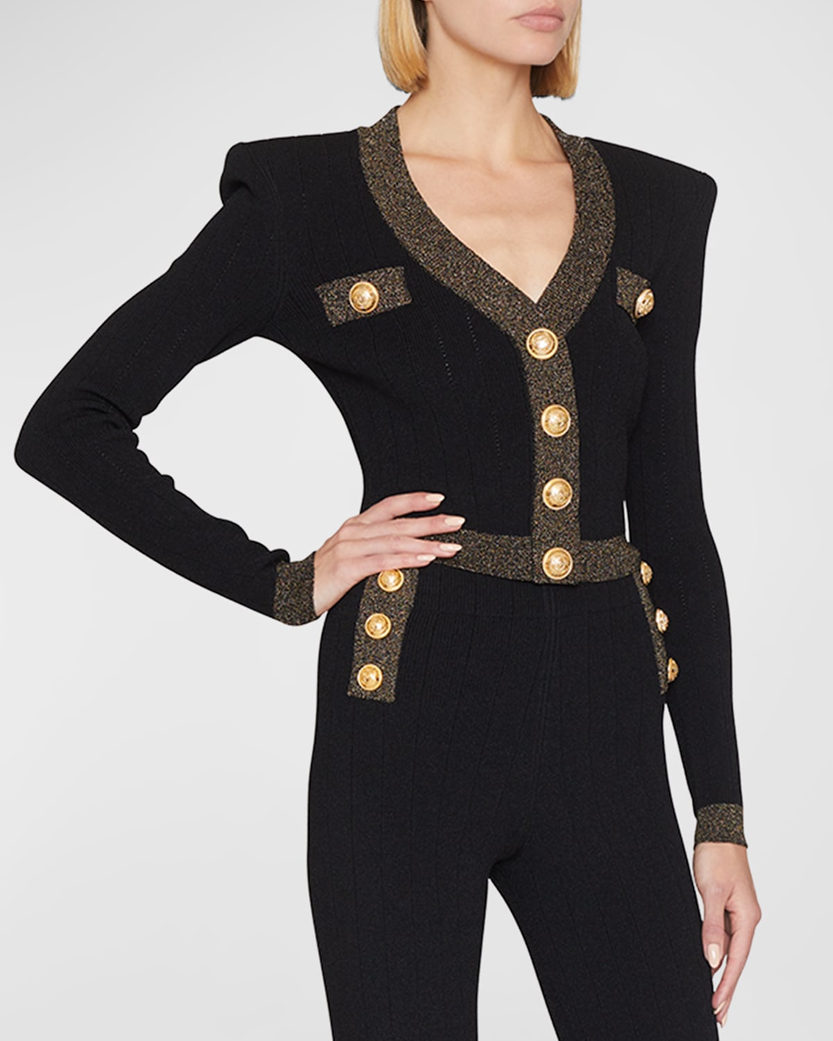 Balmain Strong-shoulder Metallic-edge Pointelle Knit Crop Cardigan In Blackgold