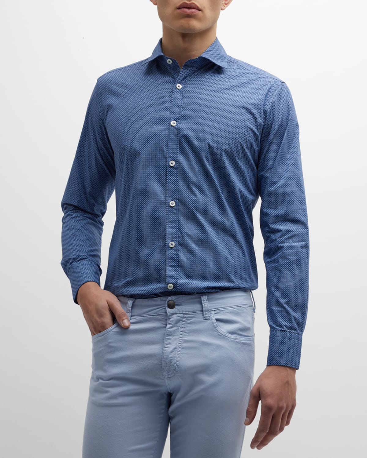 Canali Men's Micro-geometric Cotton Sport Shirt In Navy