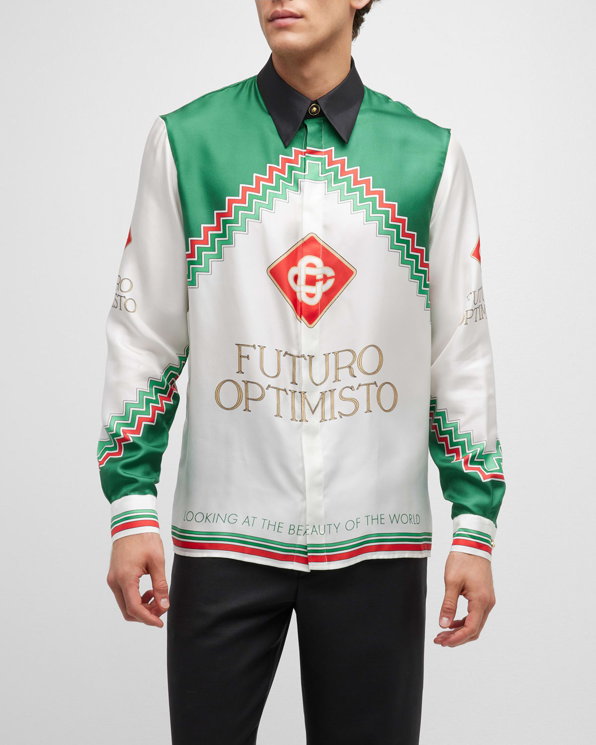 Shop Casablanca Men's Futuro Optimisto Silk Sport Shirt