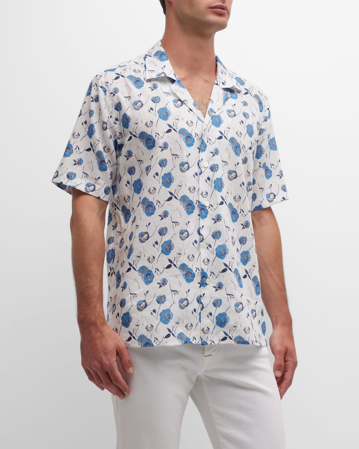 Canali Men's Linen-cotton Floral Camp Shirt In White