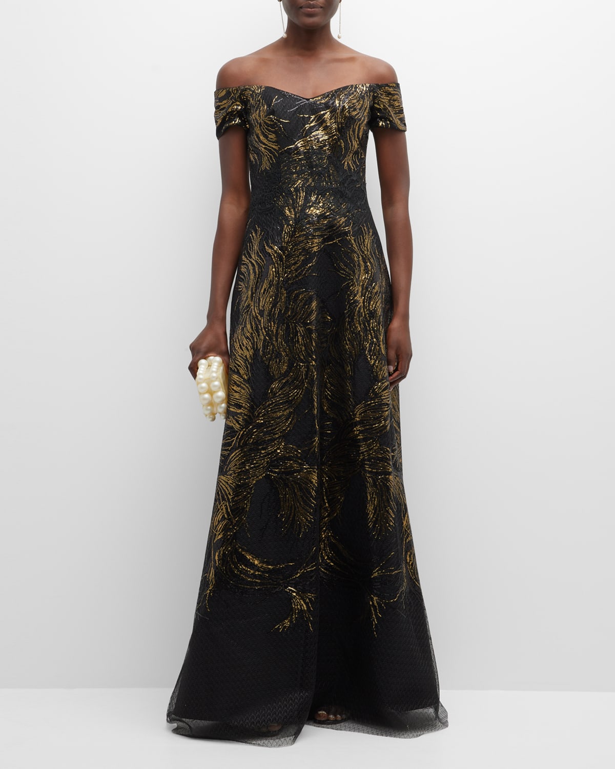 Off-Shoulder Embroidered Sequin Gown