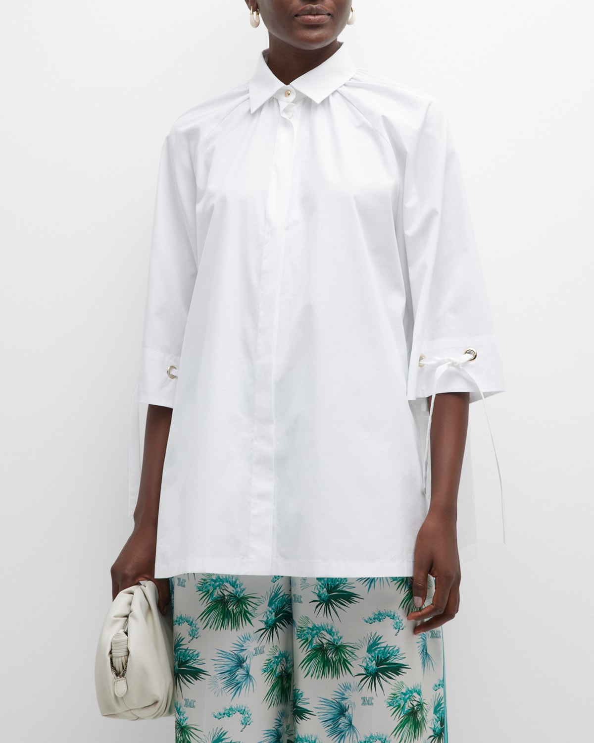 Max Mara Gigi Threaded Cuff Cotton Button-up Shirt In Optical White