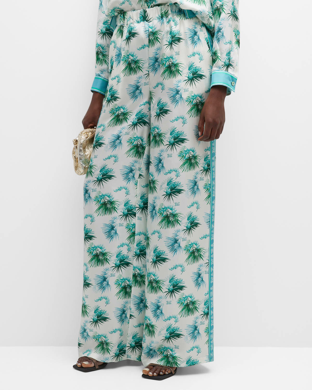 Max Mara Umile Printed Silk Twill Wide Pants In Turquoise