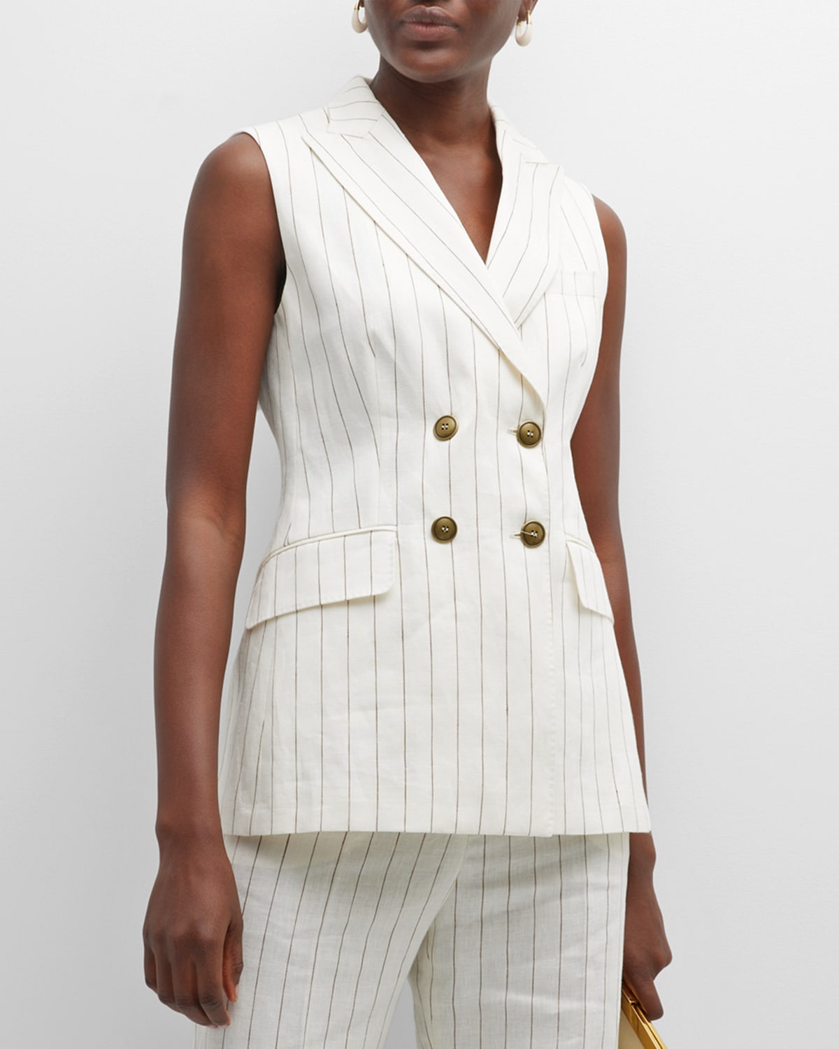 Max Mara Quebec Double-breasted Pinstriped Linen Vest In White