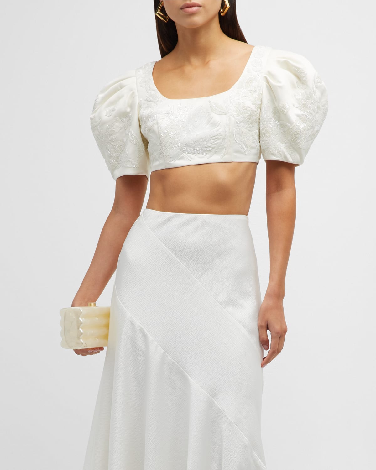 Cult Gaia Sinai Cropped Puff-sleeve Beaded Gown In Off White