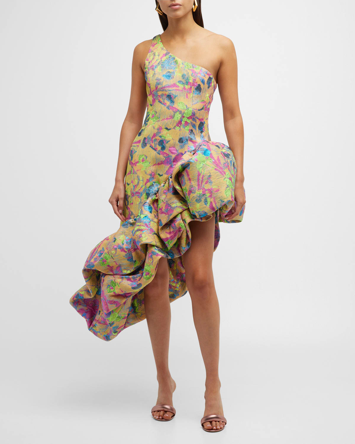 Cult Gaia Helena One-shoulder Ruffle Jacquard Midi Dress In Floral Rain