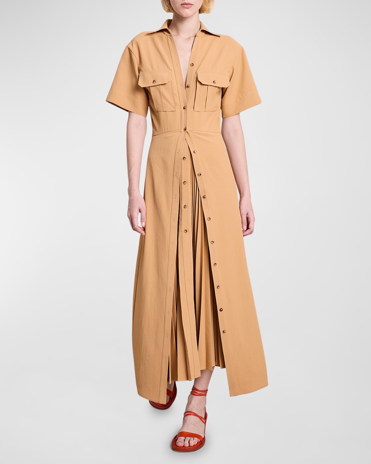 A.l.c Florence Pleated Button-front Maxi Dress In Raffia