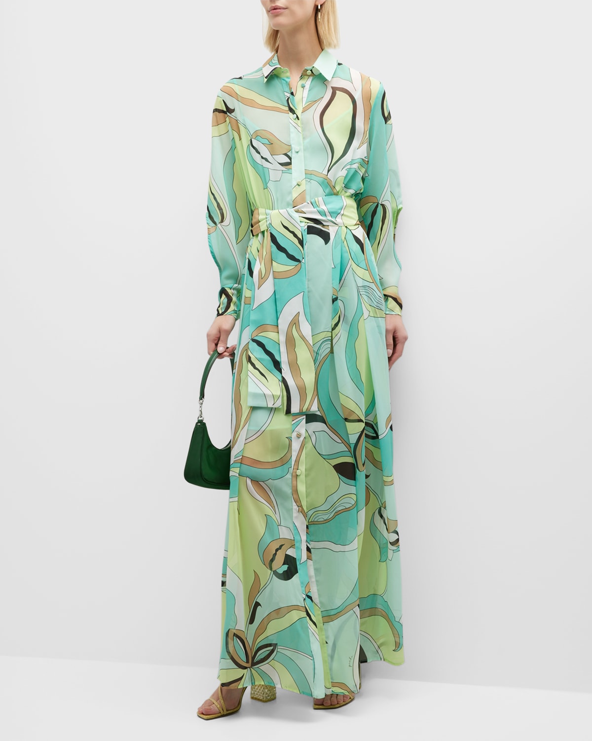 Narcisa Tie-Belt Floral Voile Maxi Shirtdress