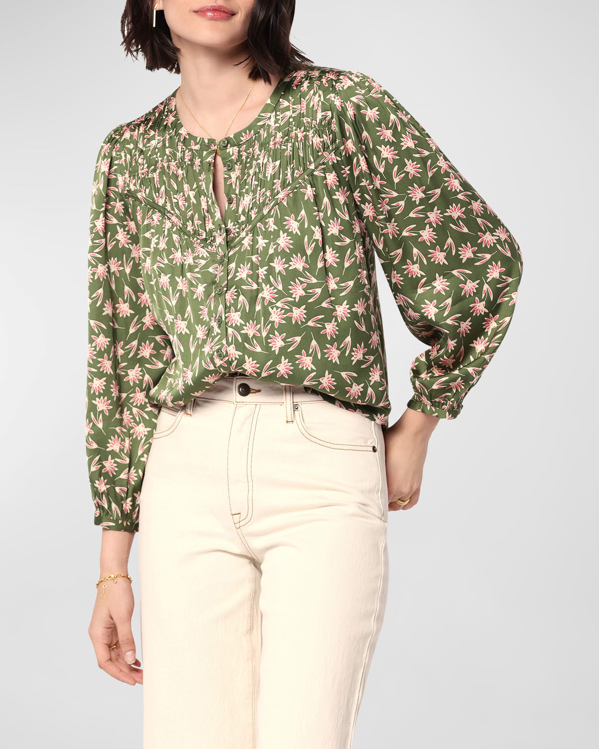 Fanning Shirred Floral-Print Blouse