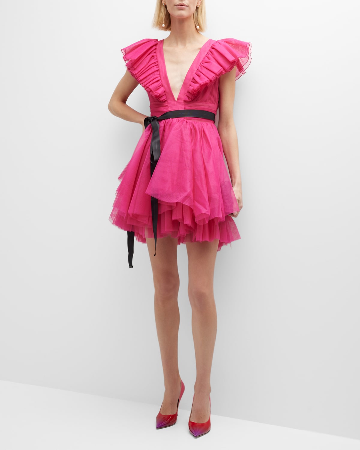 Filippine Sash-Tie Tulle Mini Dress