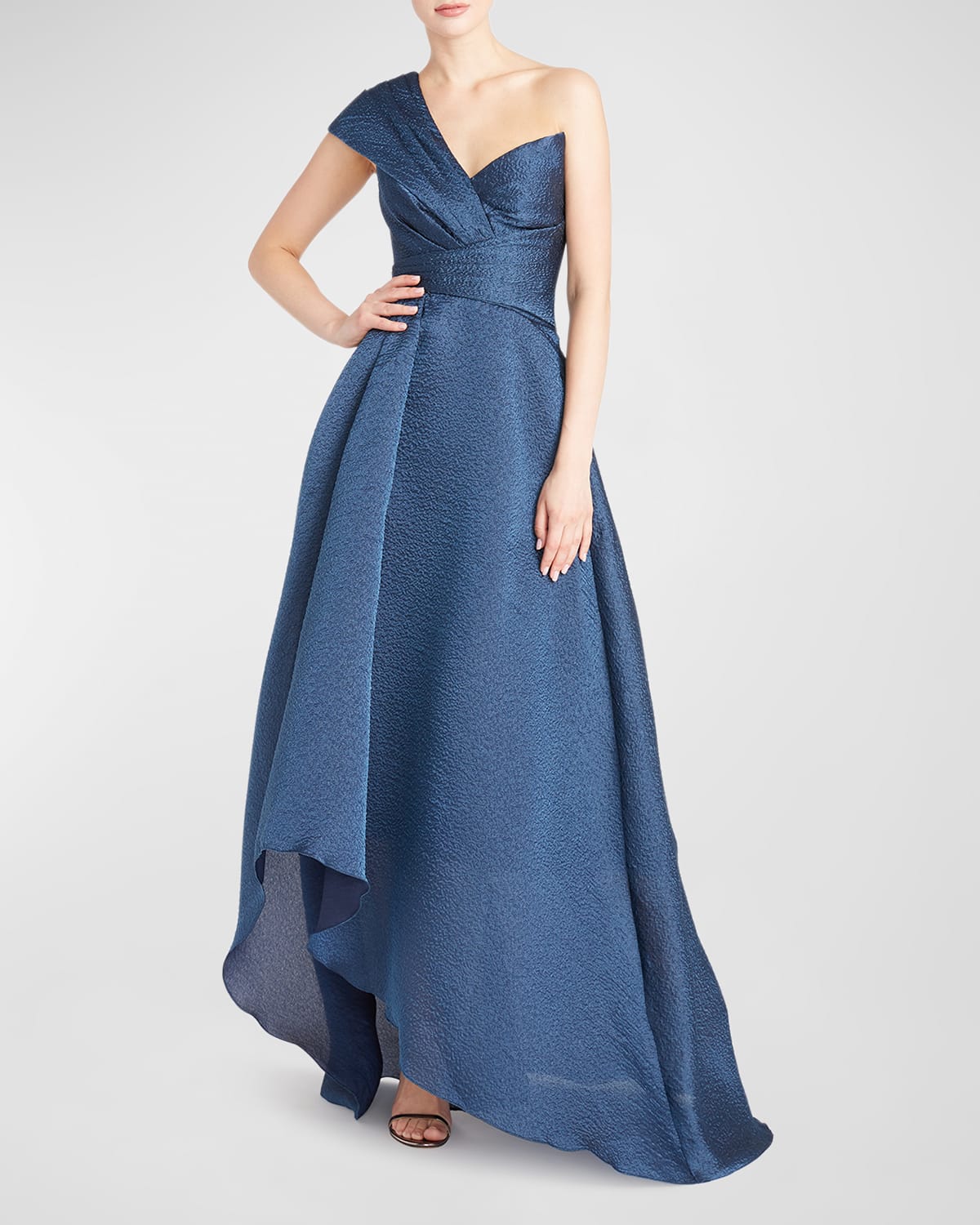Theia Edith One-shoulder High-low Jacquard Gown In Nautical Navy