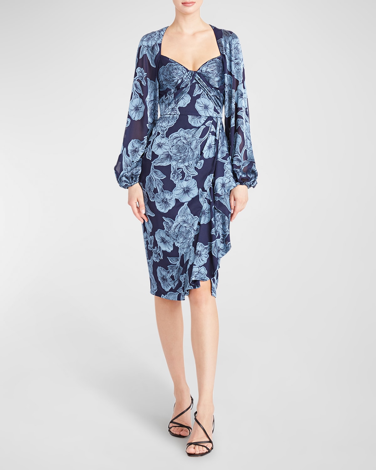 THEIA JOSLYN FLORAL-PRINT BLOUSON-SLEEVE MIDI DRESS