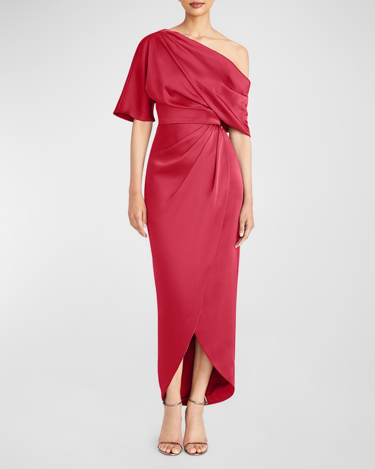 THEIA RAYNA DRAPED ONE-SHOULDER HIGH-LOW GOWN