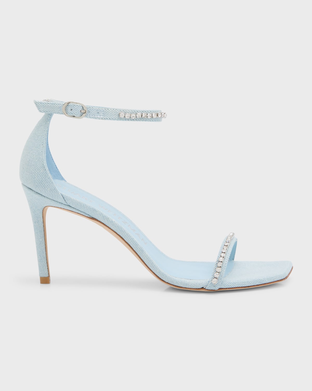Stuart Weitzman 누디스트 커브 장식 데님 발목 스트랩 샌들