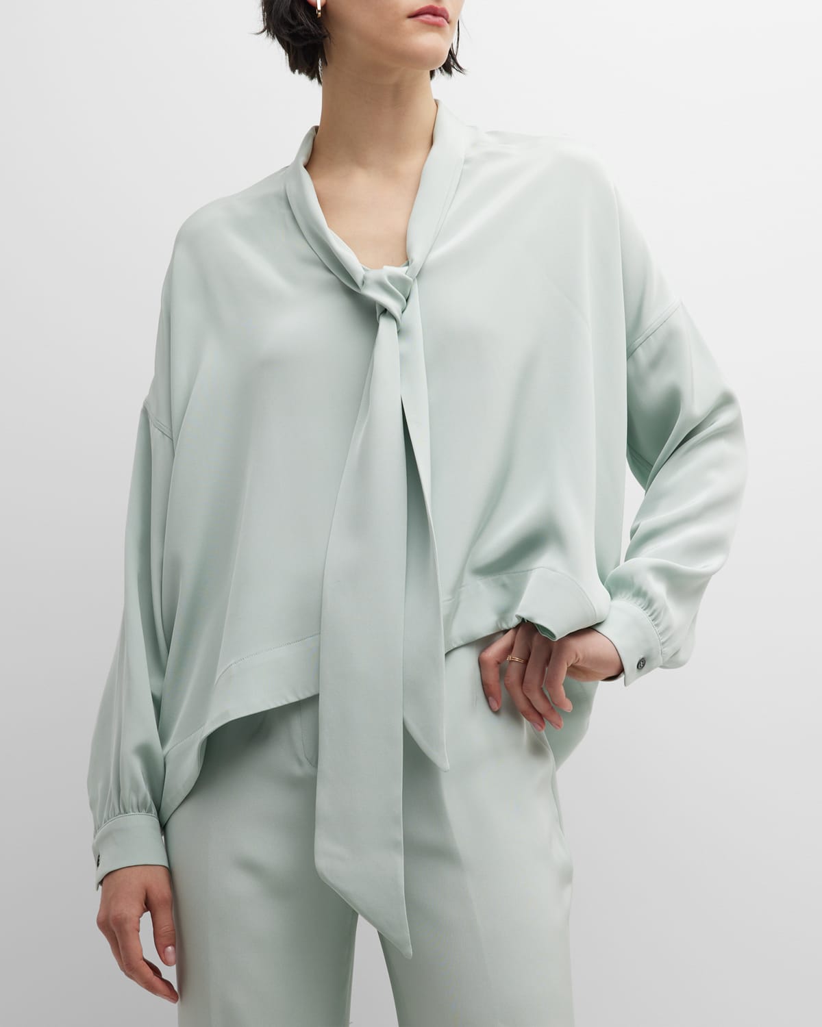 Libertine Neck-tie Boxy Silk Blouse In Green