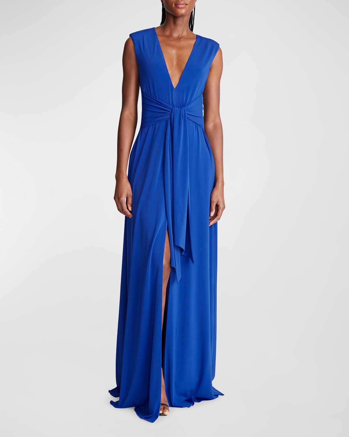 Luciana Tie-Front Deep V-Neck Jersey Gown