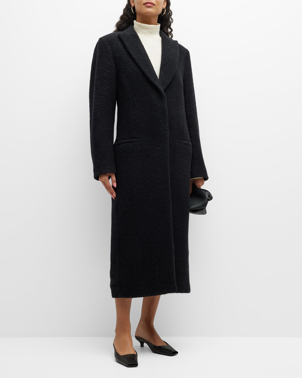 Single-Breasted Boucle Wool Long Coat