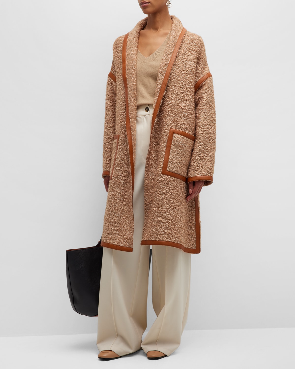 Loro Piana Reinhold Long Boucle Wool Coat With Leather Trimming In E07v Choco Rice