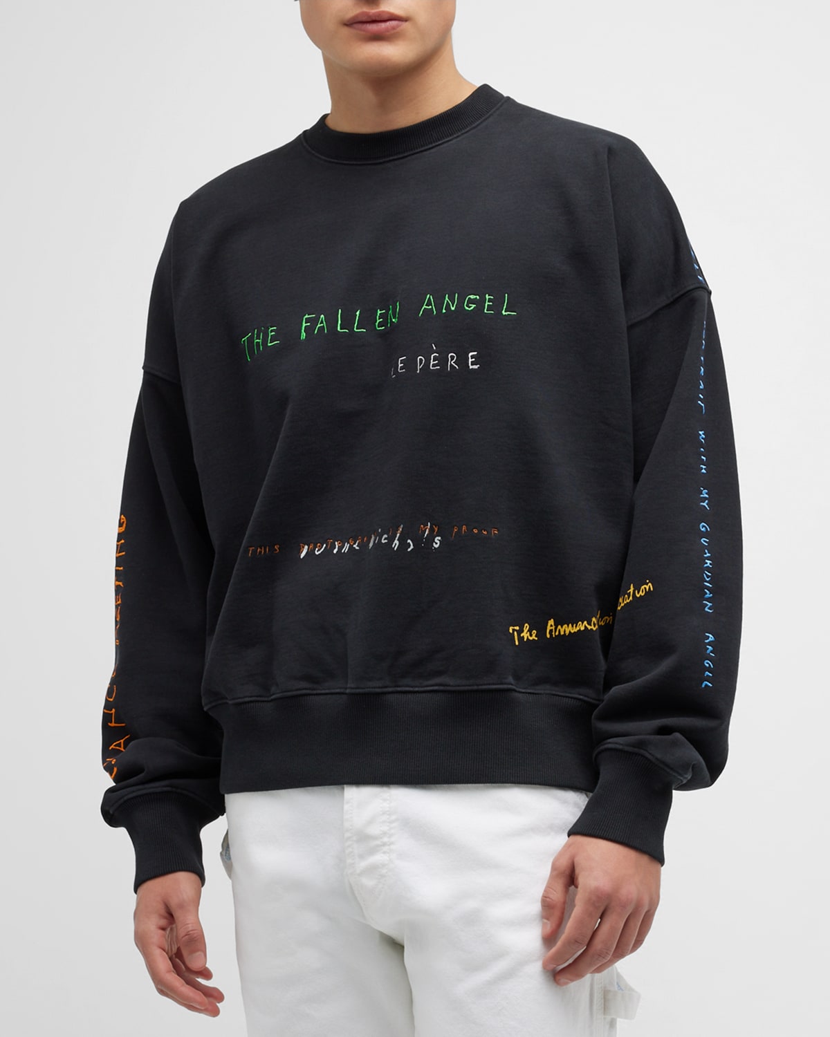 Le Pere X Duane Michals Men's Michals Fallen Angel Crewneck Sweatshirt In Carbon Black