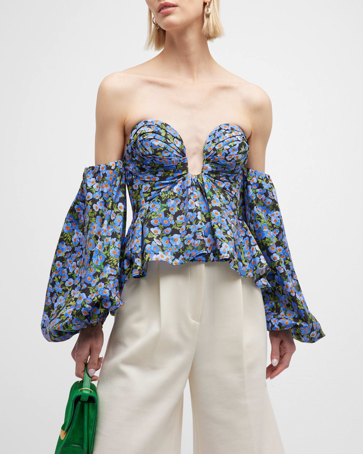 Carolina Herrera Plunging Off-the-shoulder Balloon-sleeve Peplum Top In Black Multi