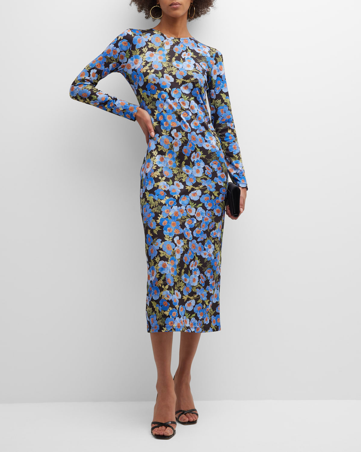 Carolina Herrera Floral Print Long Sleeve Midi Dress In Black Multi