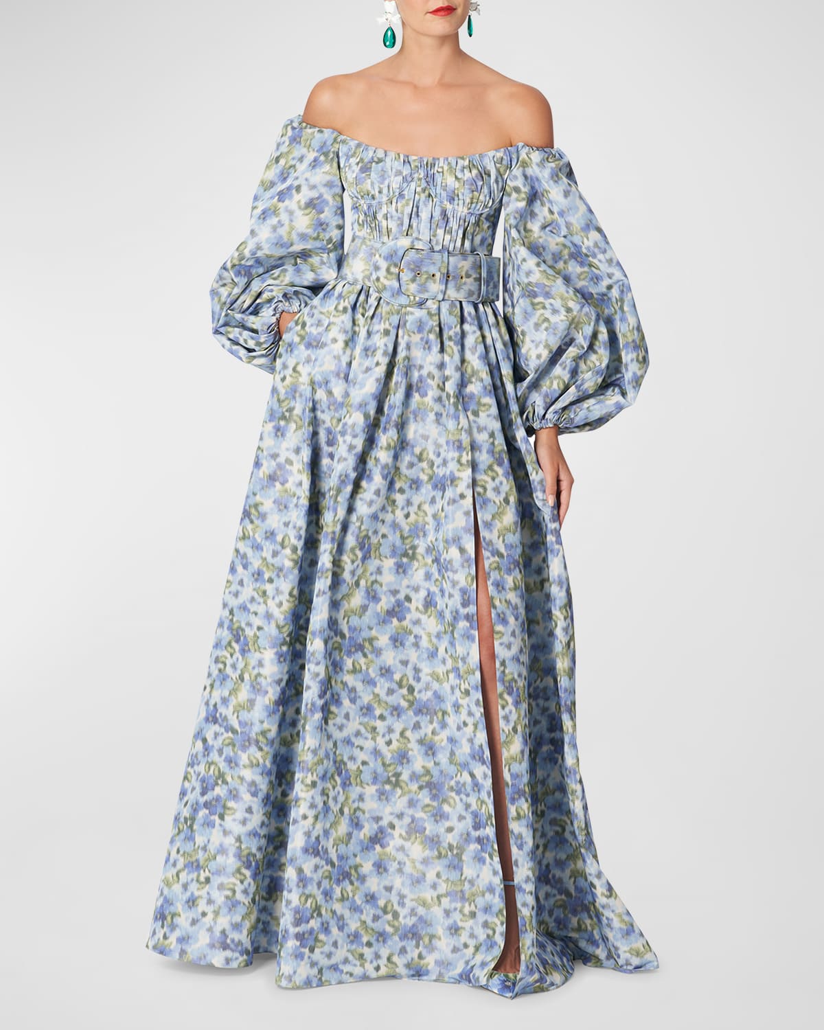 Blurry Floral-Print Off-The-Shoulder Balloon-Sleeve Corset Gown