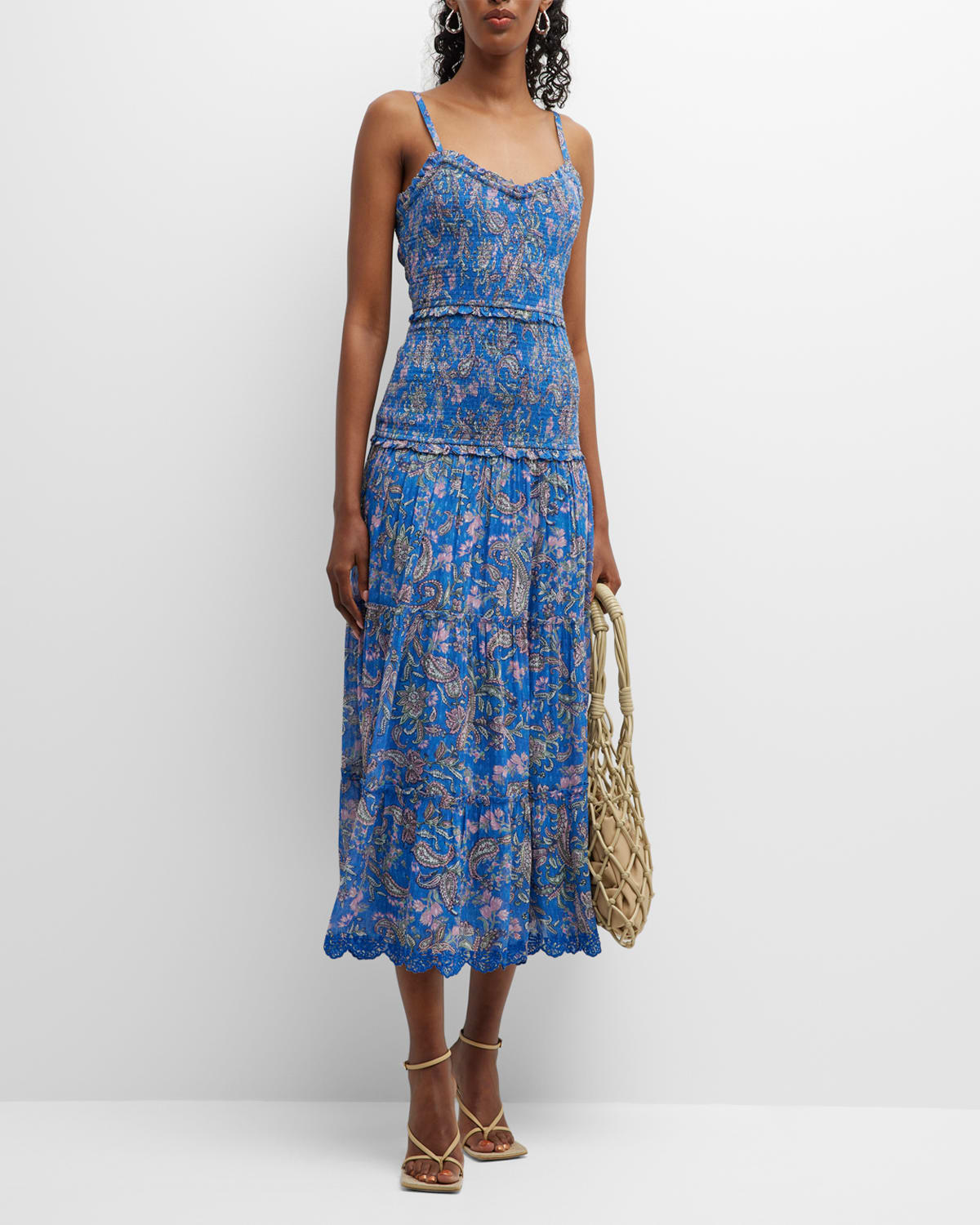 Hemant & Nandita Smocked Paisley Tiered Spaghettistrap Midi Dress In