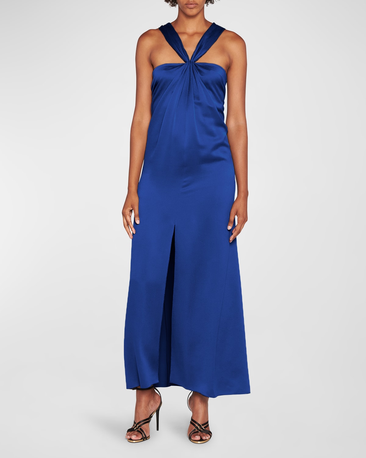 Shop Giorgio Armani Pleated Halter Slit-hem Silk Gown In Blue