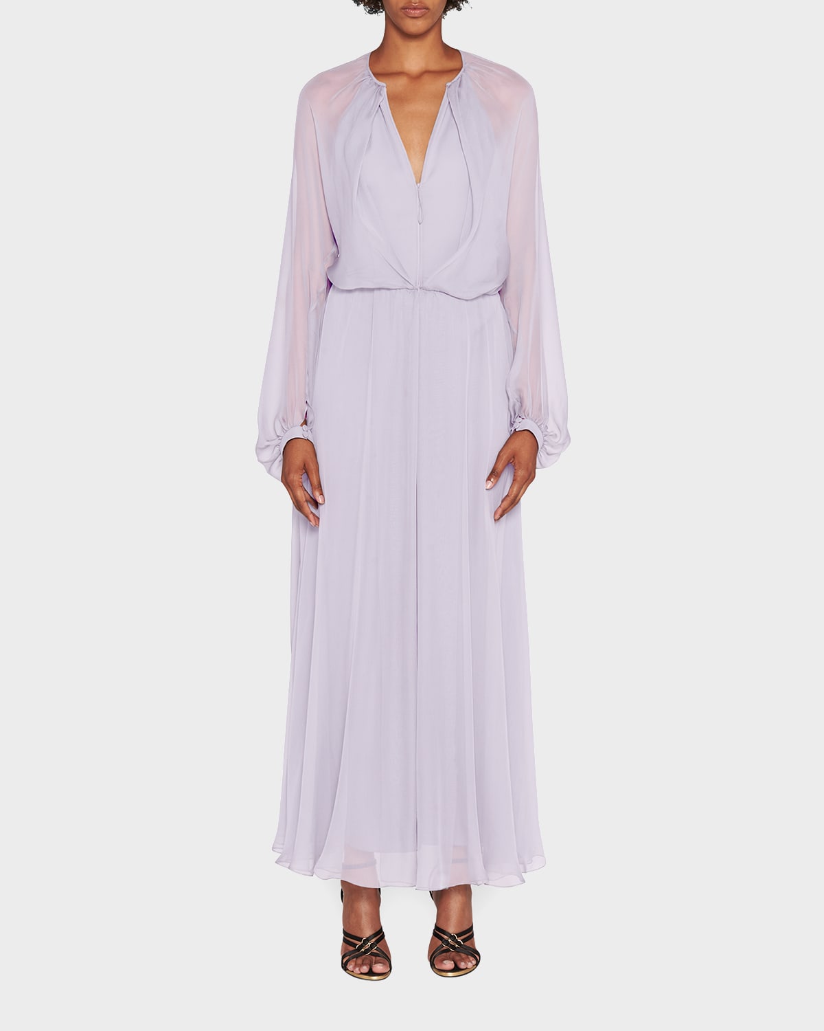 Giorgio Armani Zip-front Long-sleeve Silk Chiffon Layered Gown In Lilac