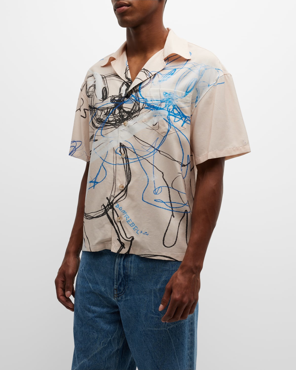 Men's Sketch-Print Camp Shirt