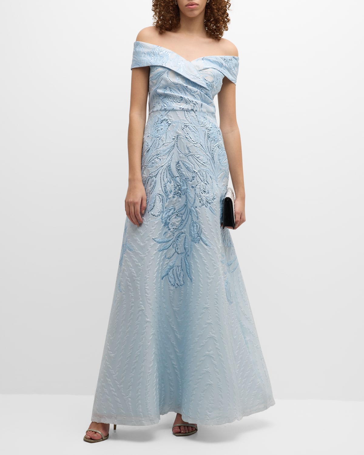 Rickie Freeman For Teri Jon Off-shoulder Metallic Floral Jacquard Gown In Light Blue