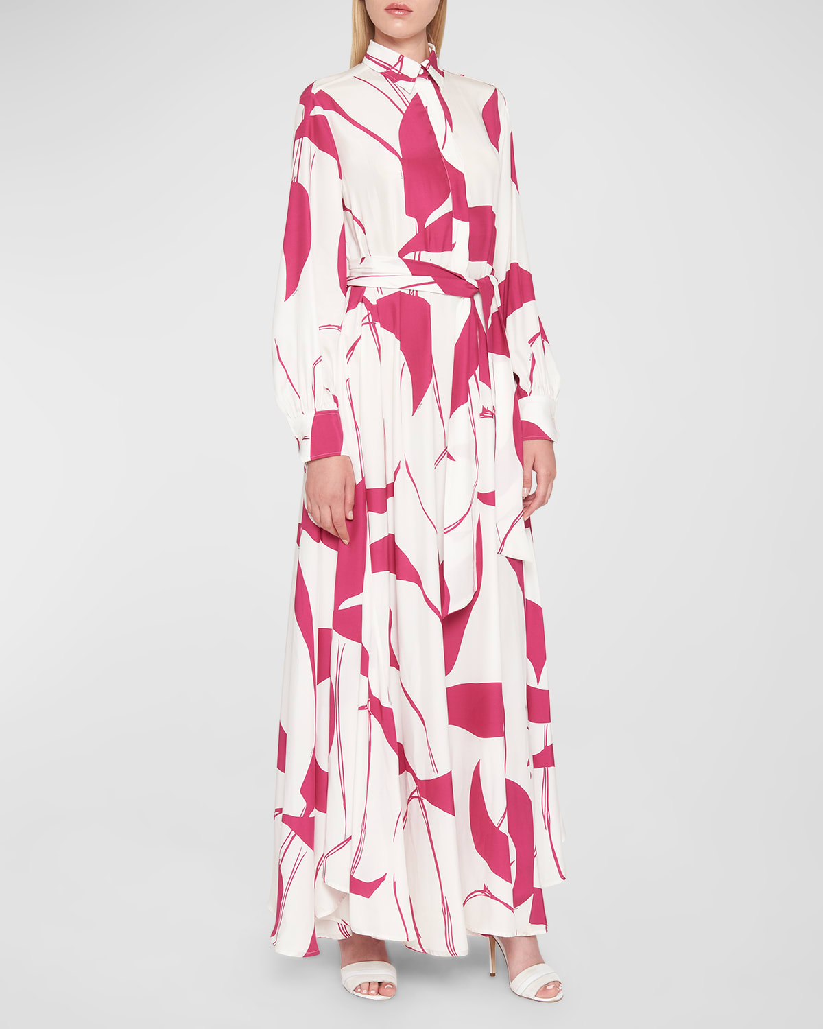 Abstract Printed Long Shirtdress w/ Tie Belt