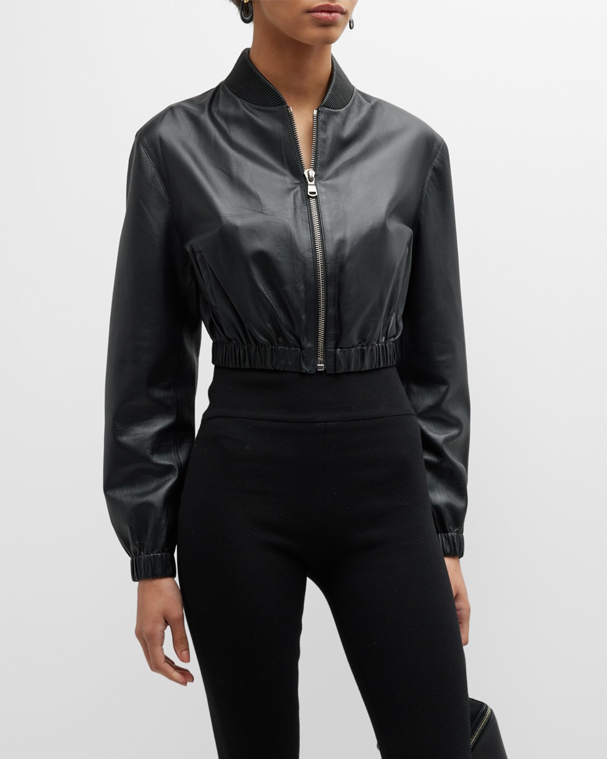 Shop Zeynep Arcay Leather Mini Bomber Jacket In Black