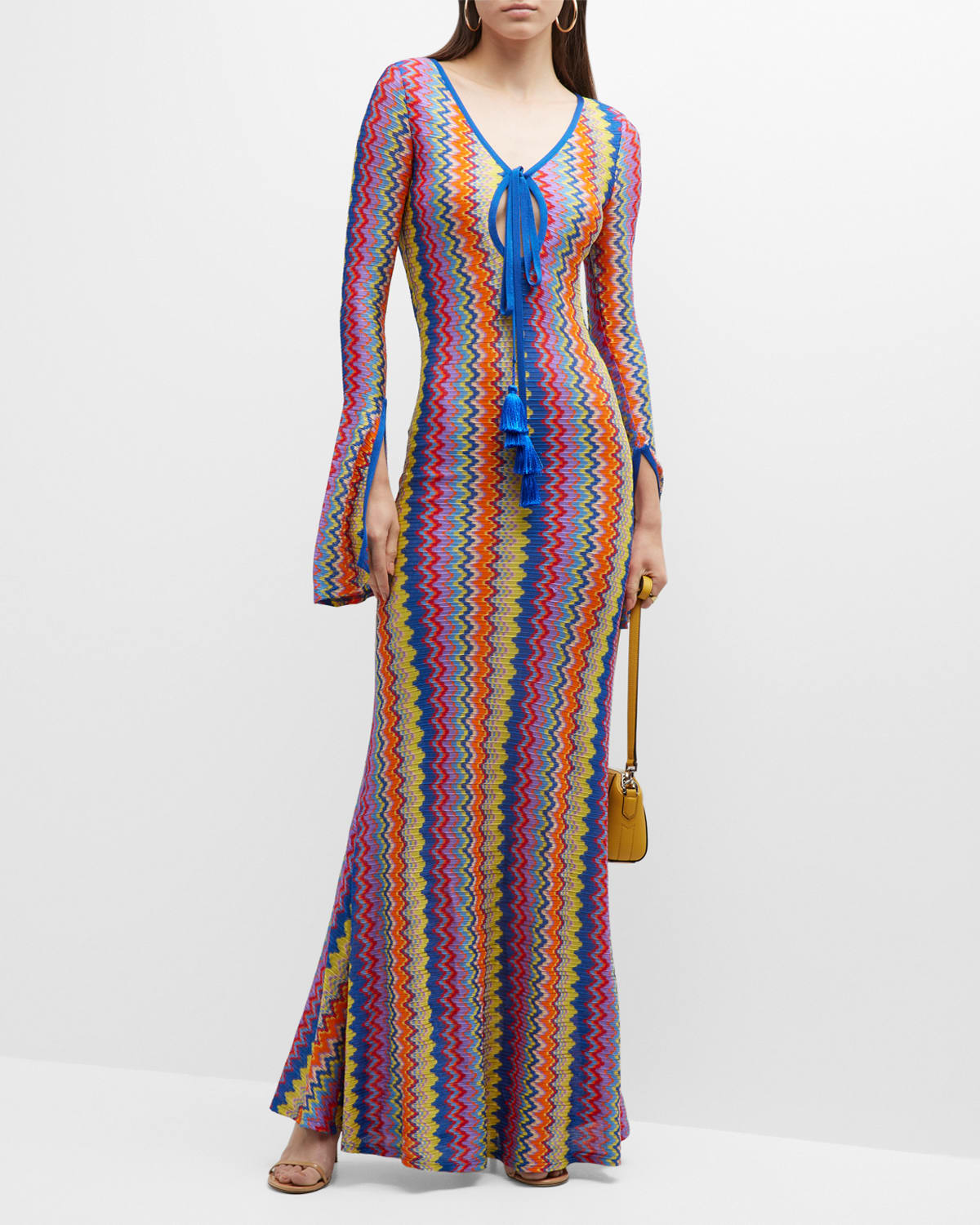 Zoey Bell-Sleeve Chevron Maxi Dress