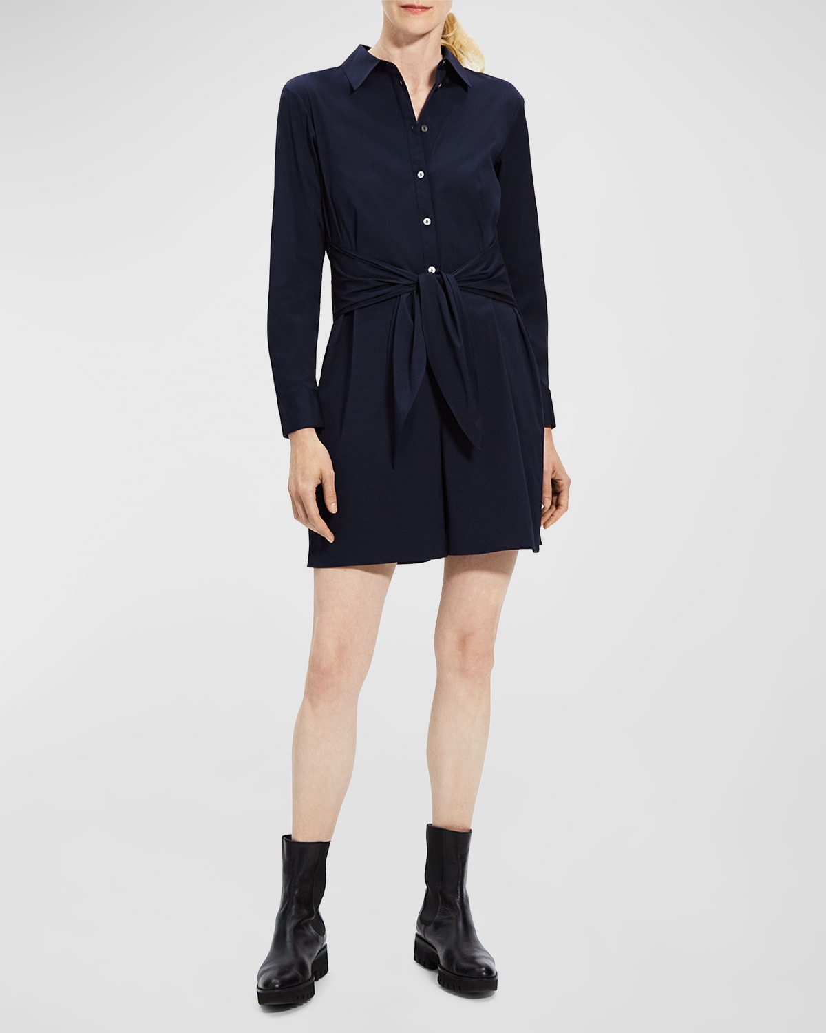 Theory Tie-waist Button-front Romper In Nw Nvy