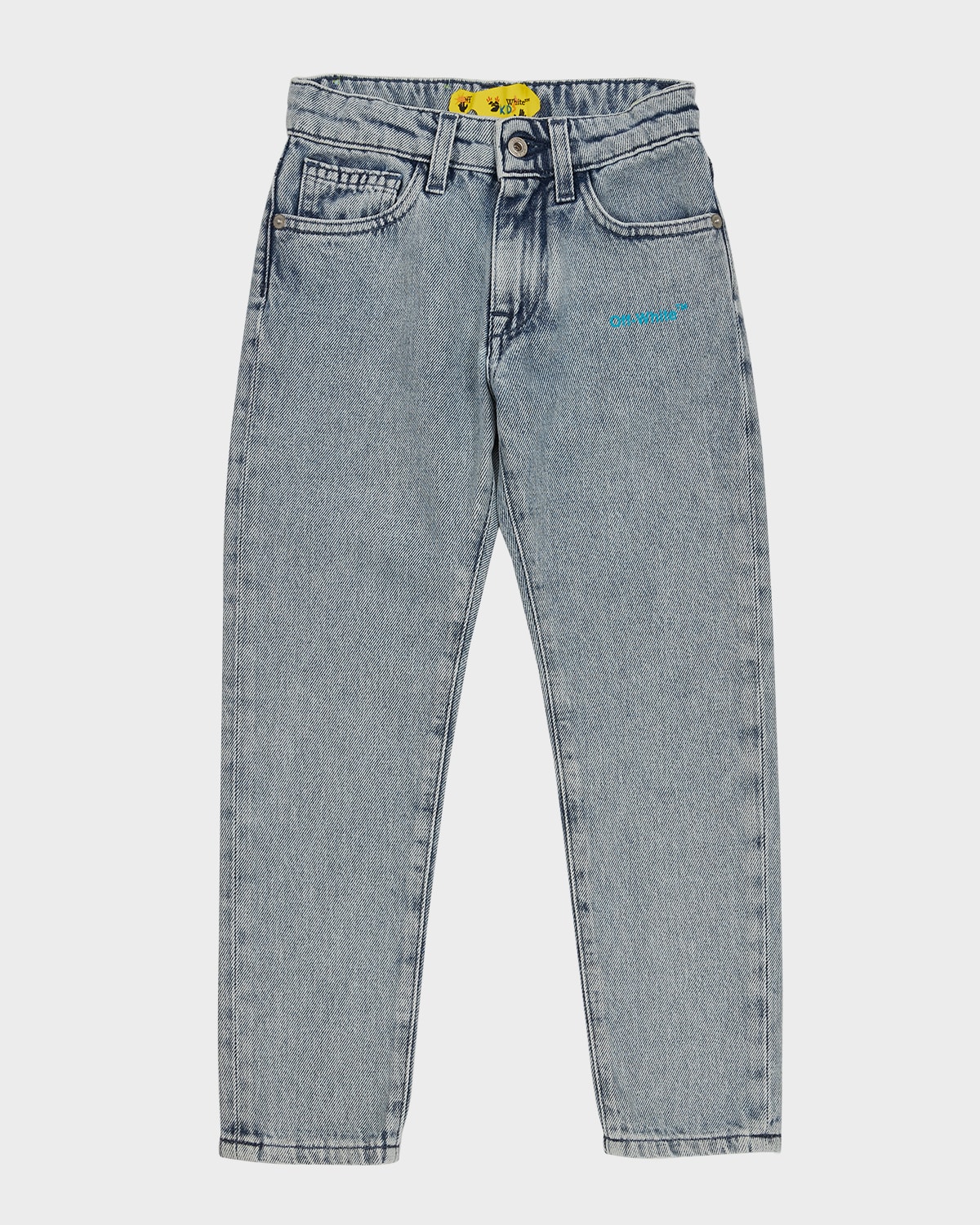 Off-white Boy's Helvetica Logo-print Straight Jeans In Bleach Blue