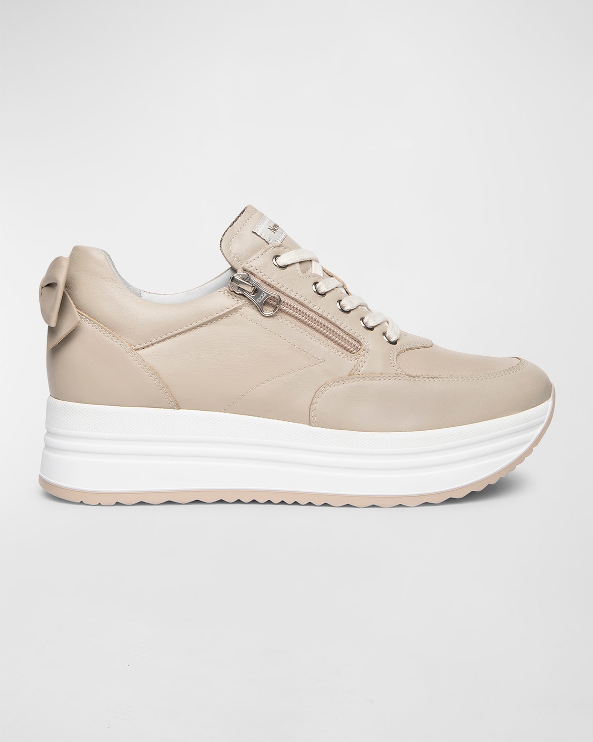 Shop Nerogiardini Bow Platform Leather Sneakers In Beige/khaki