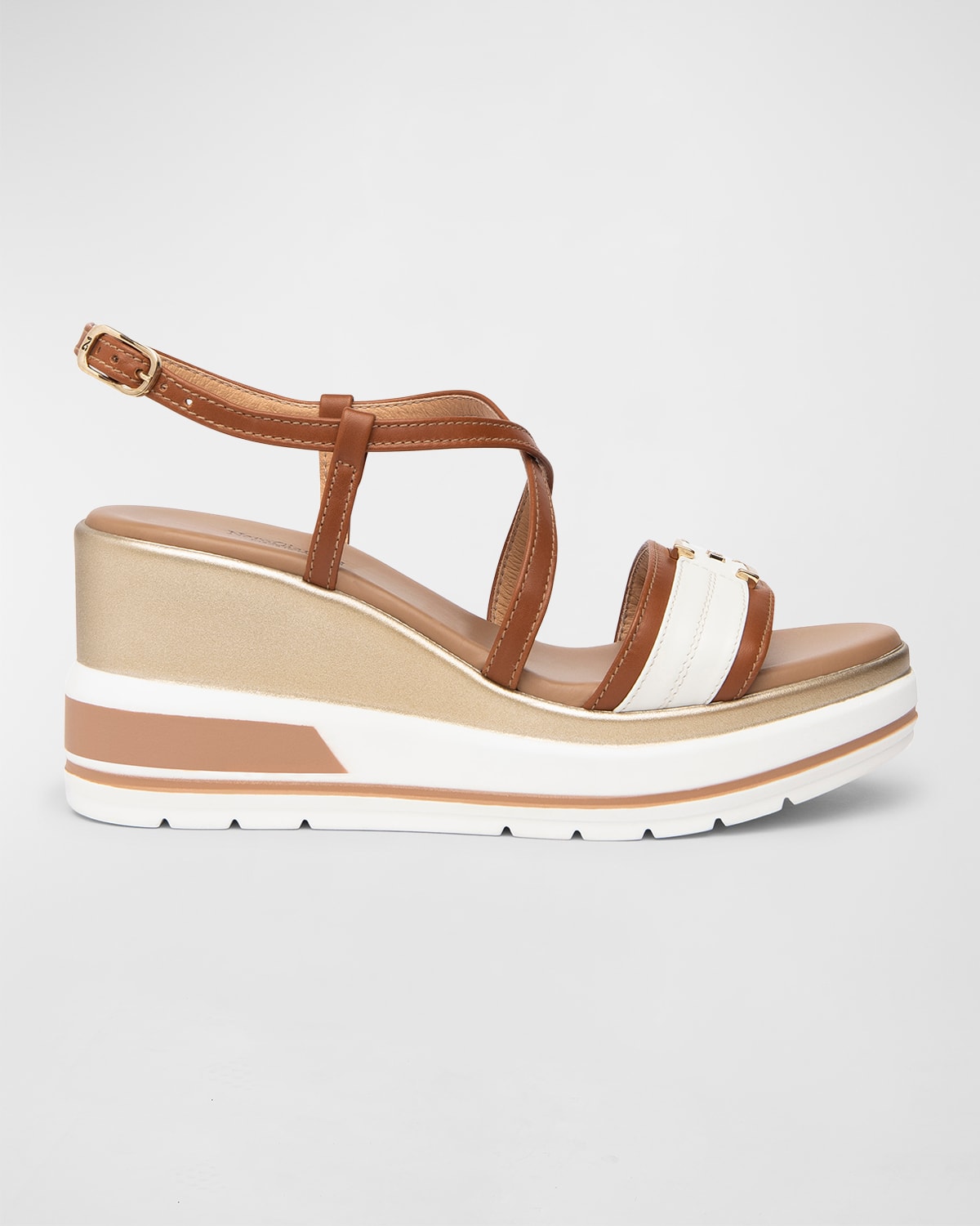 Nerogiardini Leather Wedge Sandals With Logo Plate In Cognac