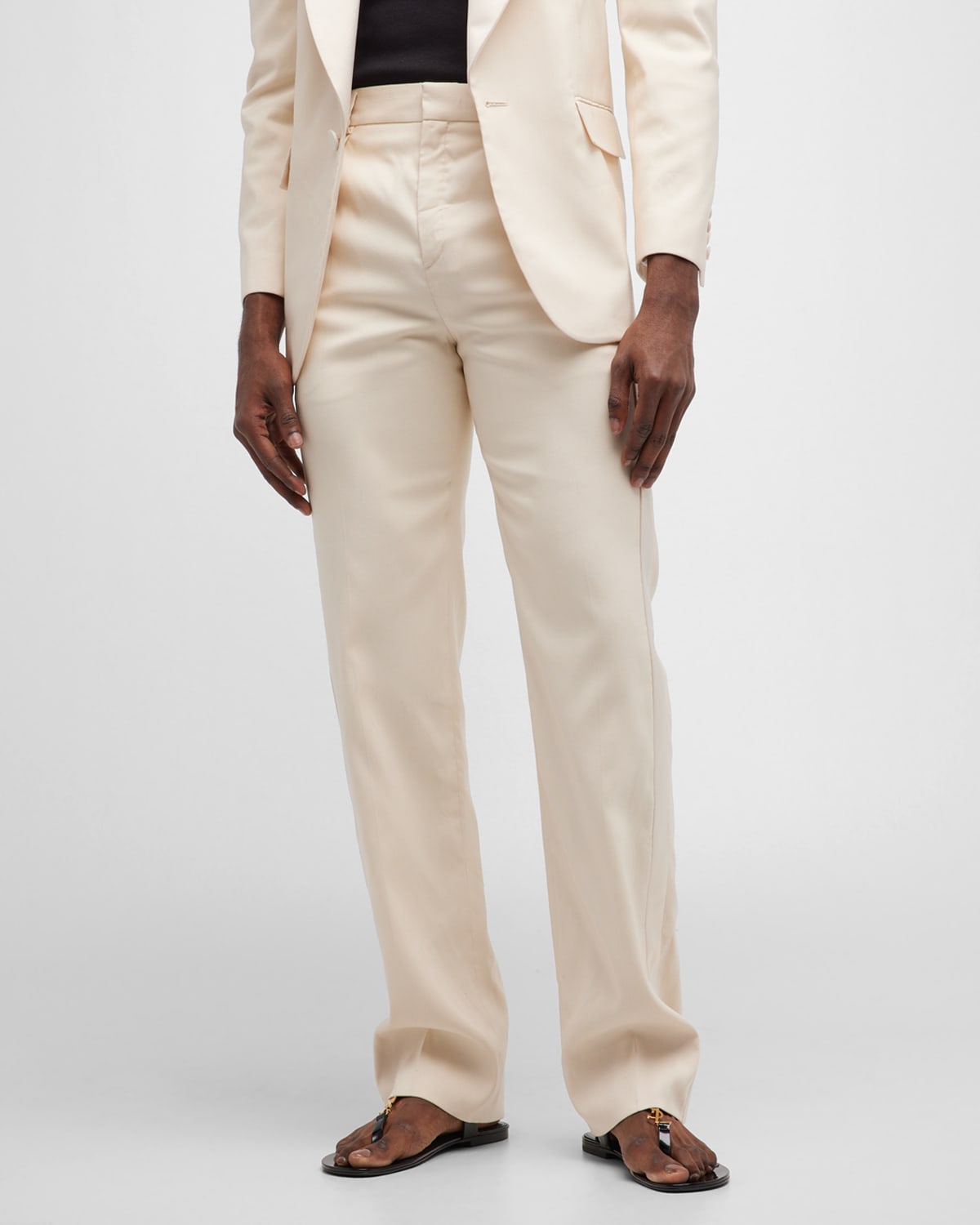 Shop Saint Laurent Men's Straight-leg Silk Tuxedo Pants In Bianco