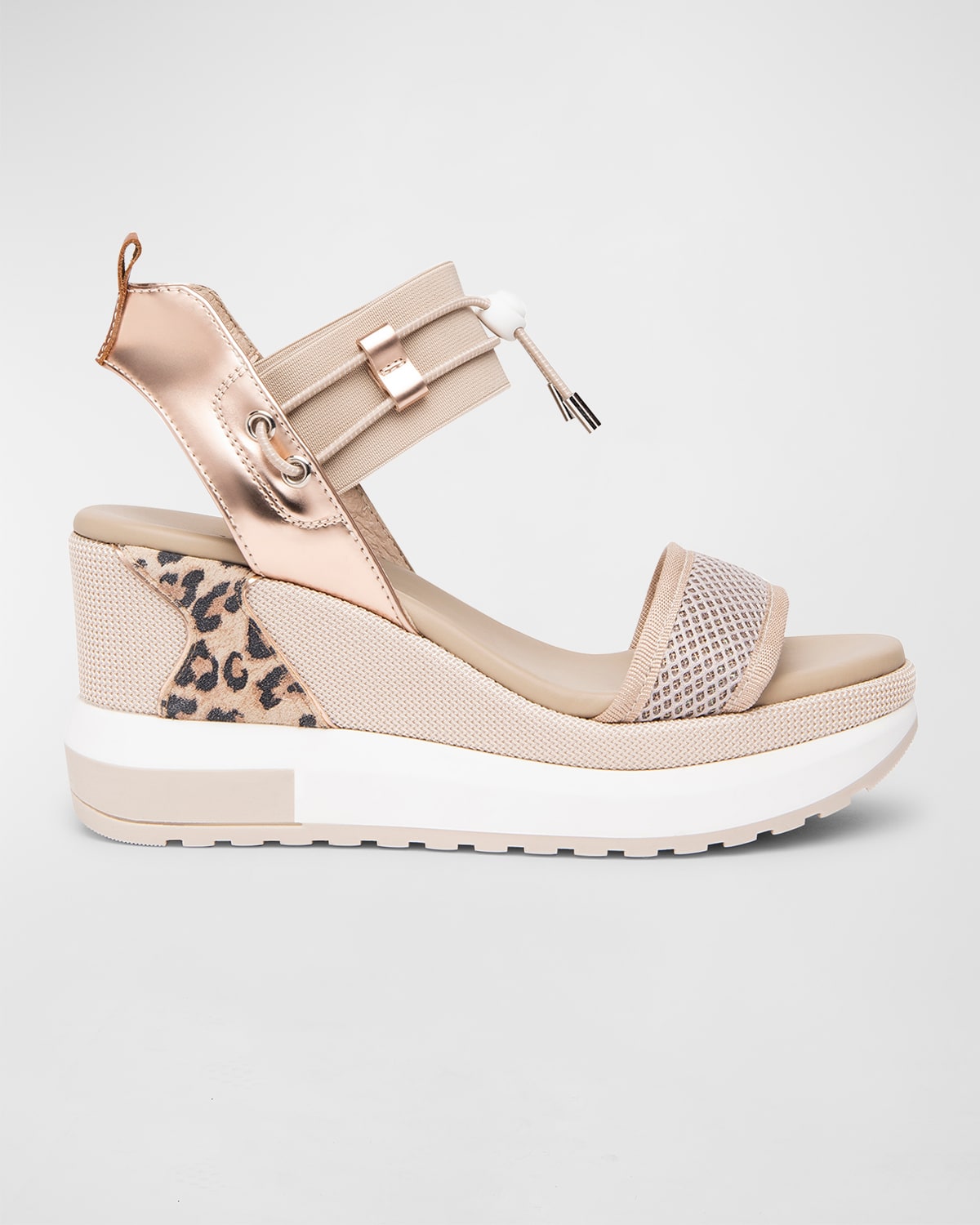 Shop Nerogiardini Platform Wedge Sandals With Bungee Detail In Taupe / Rose Gold
